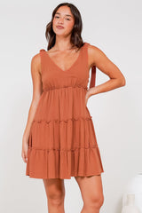 Lacy Mini Dress - Tie on Shoulder Strap Frill Splicing Tiered Sun Dress in Rust