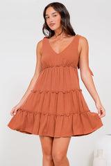 Lacy Mini Dress - Tie on Shoulder Strap Frill Splicing Tiered Sun Dress in Rust