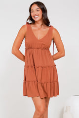 Lacy Mini Dress - Tie on Shoulder Strap Frill Splicing Tiered Sun Dress in Rust