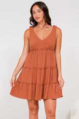 Lacy Mini Dress - Tie on Shoulder Strap Frill Splicing Tiered Sun Dress in Rust