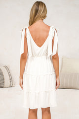Lacy Mini Dress - Tie on Shoulder Strap Frill Splicing Tiered Sun Dress in White