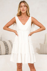 Lacy Mini Dress - Tie on Shoulder Strap Frill Splicing Tiered Sun Dress in White