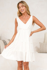 Lacy Mini Dress - Tie on Shoulder Strap Frill Splicing Tiered Sun Dress in White