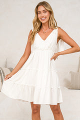 Lacy Mini Dress - Tie on Shoulder Strap Frill Splicing Tiered Sun Dress in White