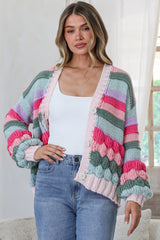 Lainey Cardigan - Button Front Stripe Bubble Knit with Long Sleeves in Watermelon