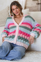 Lainey Cardigan - Button Front Stripe Bubble Knit with Long Sleeves in Watermelon