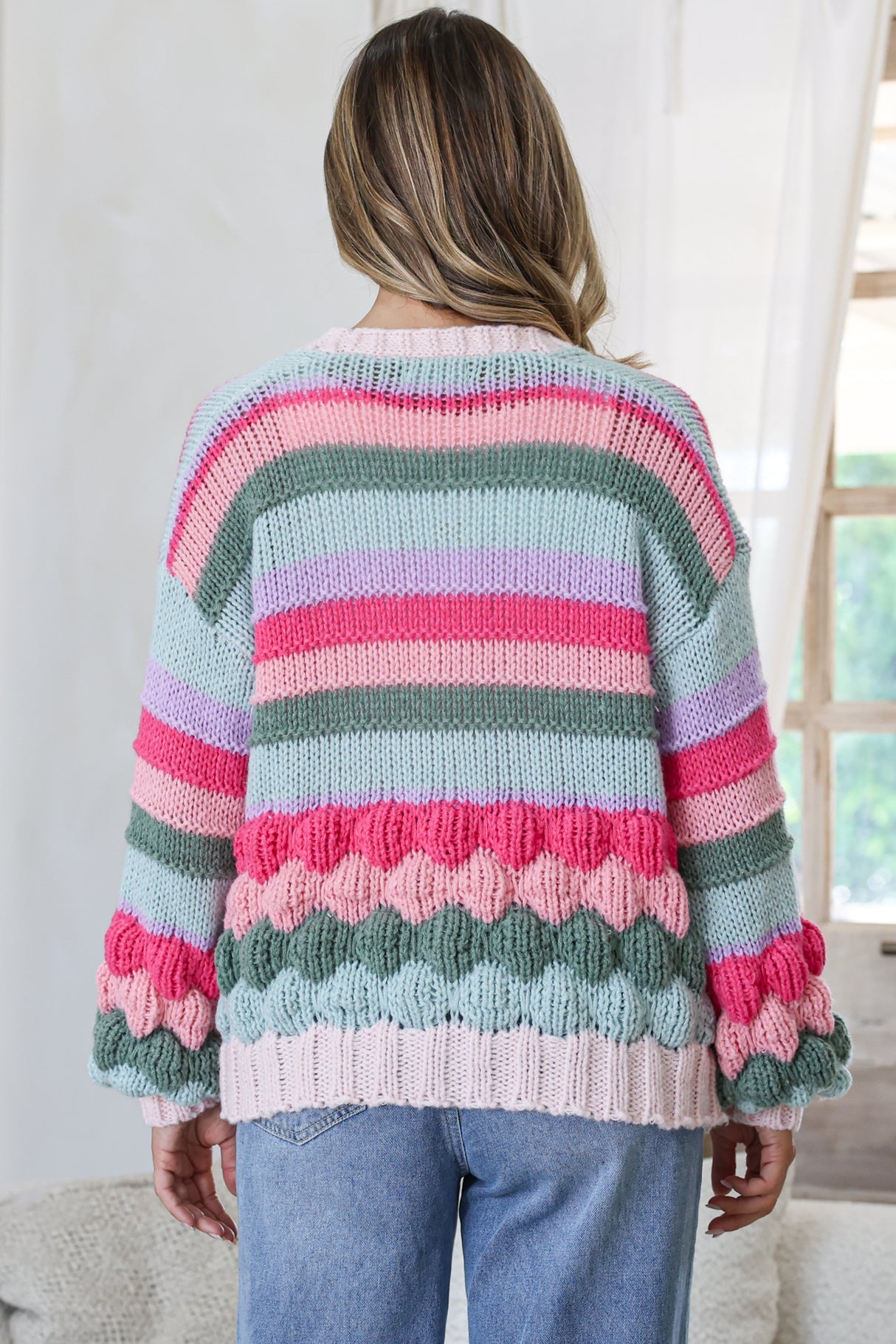 Lainey Cardigan - Button Front Stripe Bubble Knit with Long Sleeves in Watermelon