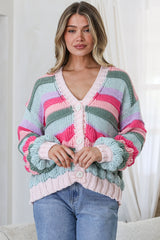 Lainey Cardigan - Button Front Stripe Bubble Knit with Long Sleeves in Watermelon