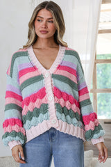 Lainey Cardigan - Button Front Stripe Bubble Knit with Long Sleeves in Watermelon