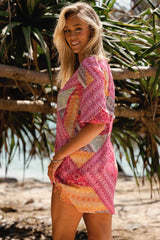 JAASE - Lake Mini Dress: V Neck Shift Dress With Balloon Sleeves in Viva Bonita Print
