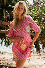 JAASE - Lake Mini Dress: V Neck Shift Dress With Balloon Sleeves in Viva Bonita Print