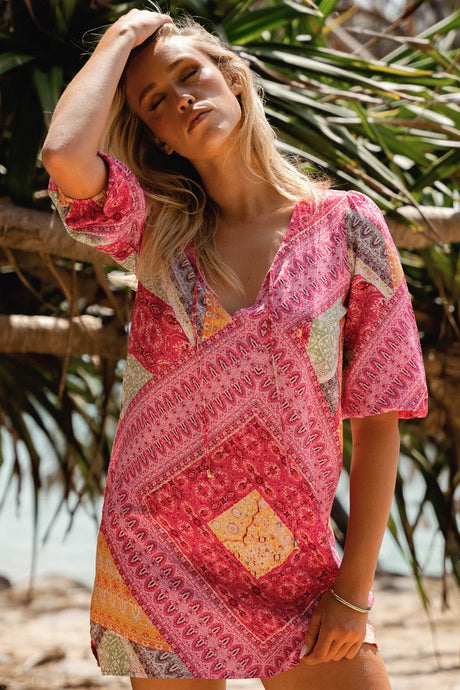 JAASE - Lake Mini Dress: V Neck Shift Dress With Balloon Sleeves in Viva Bonita Print