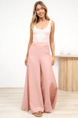 Lala Pants - High Waisted Wide Leg Linen Pants in Pink