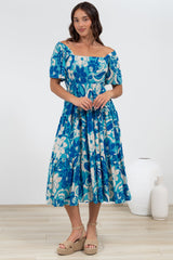Lalita Midi Dress - Elasticated Bodice A-Line Dress with Flutter Sleeves in Shanti Print
