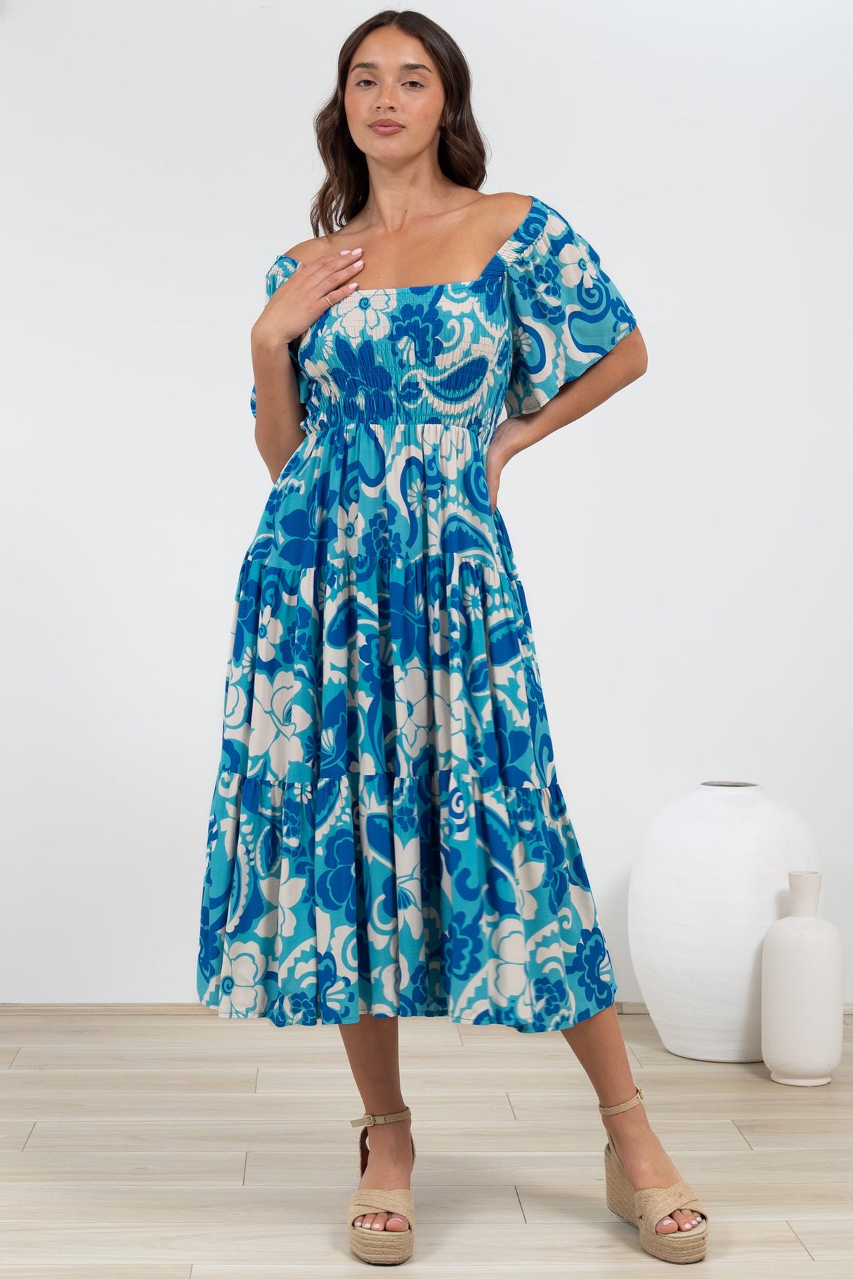 Lalita Midi Dress - Elasticated Bodice A-Line Dress with Flutter Sleeves in Shanti Print