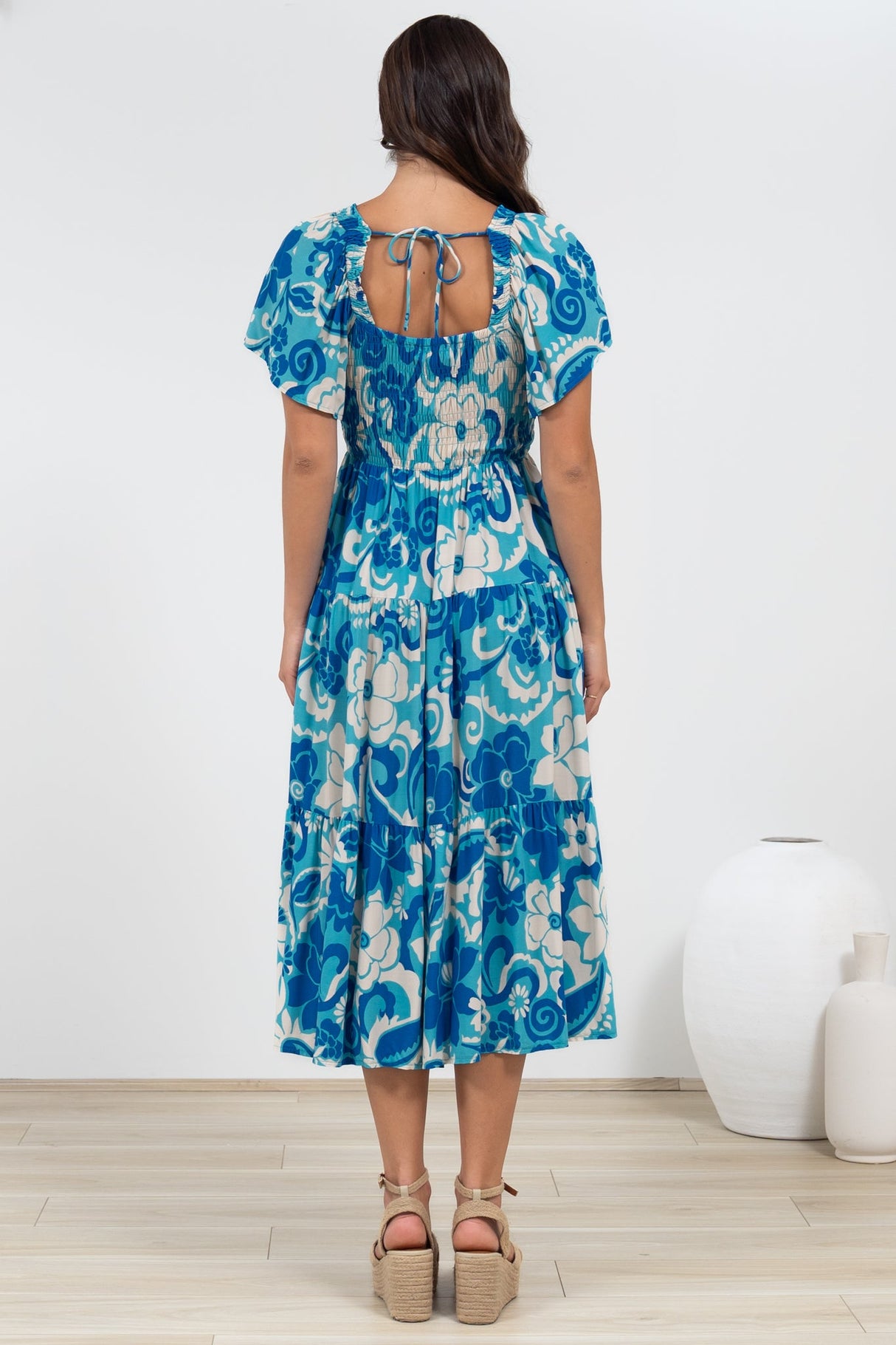 Lalita Midi Dress - Elasticated Bodice A-Line Dress with Flutter Sleeves in Shanti Print
