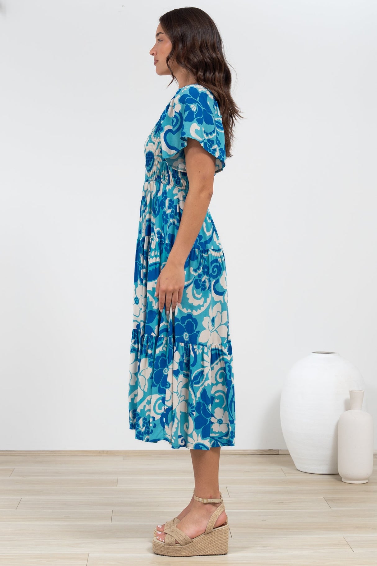 Lalita Midi Dress - Elasticated Bodice A-Line Dress with Flutter Sleeves in Shanti Print