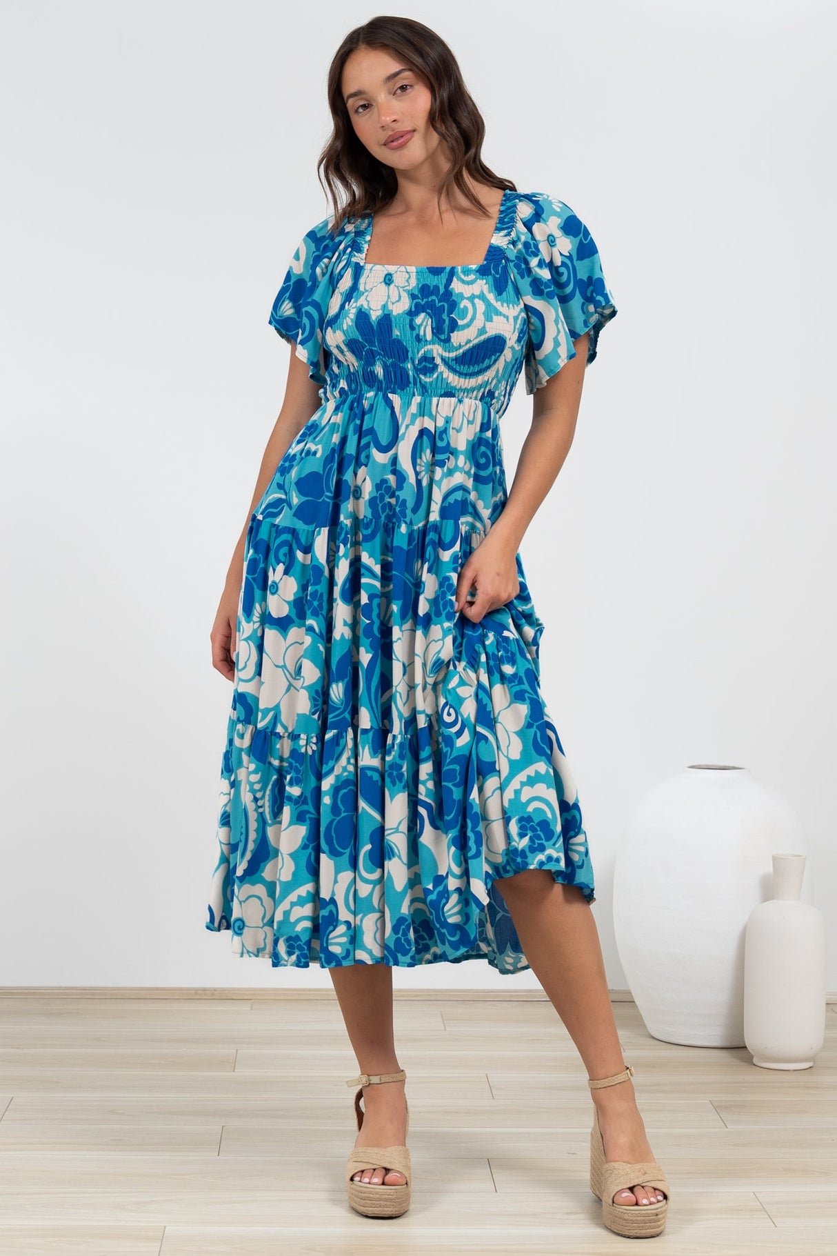 Lalita Midi Dress - Elasticated Bodice A-Line Dress with Flutter Sleeves in Shanti Print