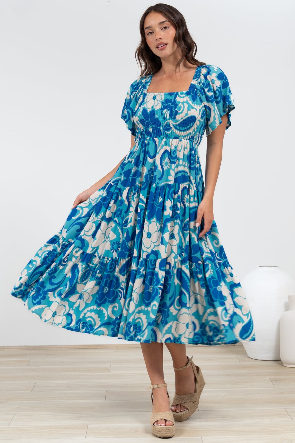 Lalita Midi Dress - Elasticated Bodice A-Line Dress with Flutter Sleeves in Shanti Print