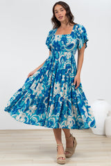 Lalita Midi Dress - Elasticated Bodice A-Line Dress with Flutter Sleeves in Shanti Print