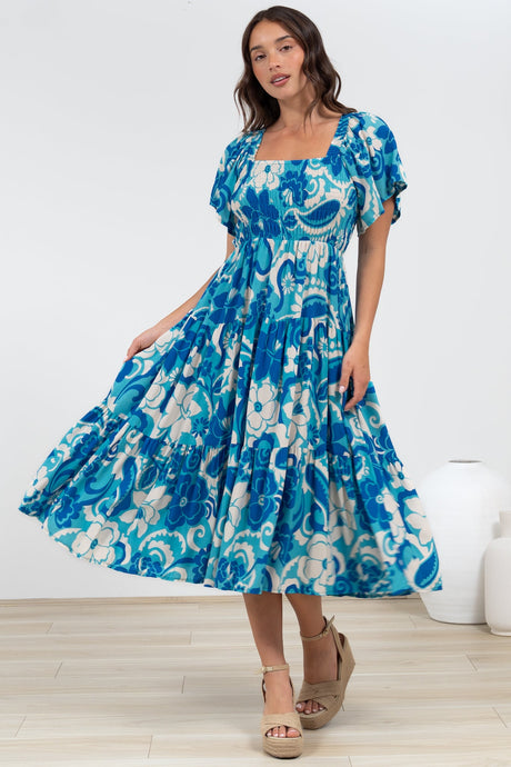 Lalita Midi Dress - Elasticated Bodice A-Line Dress with Flutter Sleeves in Shanti Print