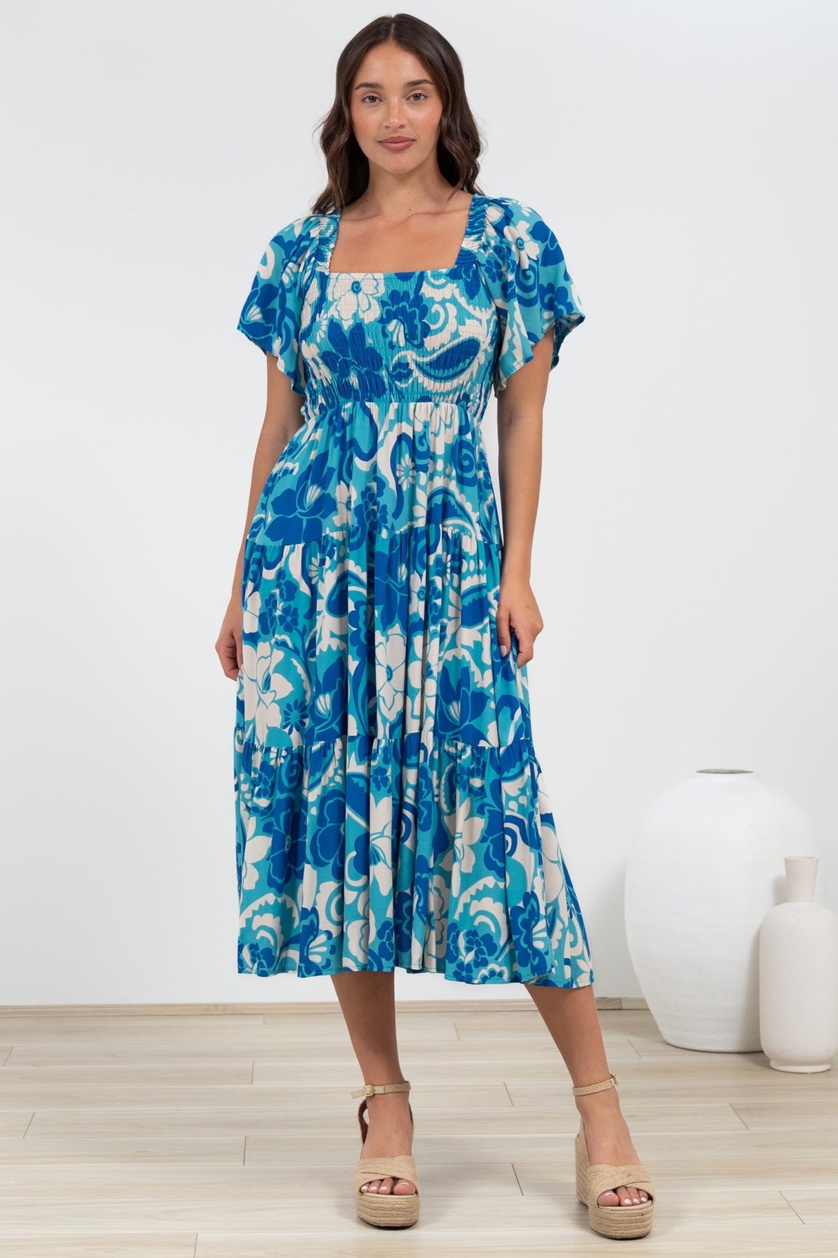 Lalita Midi Dress - Elasticated Bodice A-Line Dress with Flutter Sleeves in Shanti Print