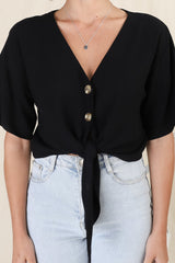 Lanara Top - Button Front Tie Up Top In Black