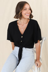 Lanara Top - Button Front Tie Up Top In Black