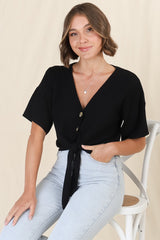 Lanara Top - Button Front Tie Up Top In Black