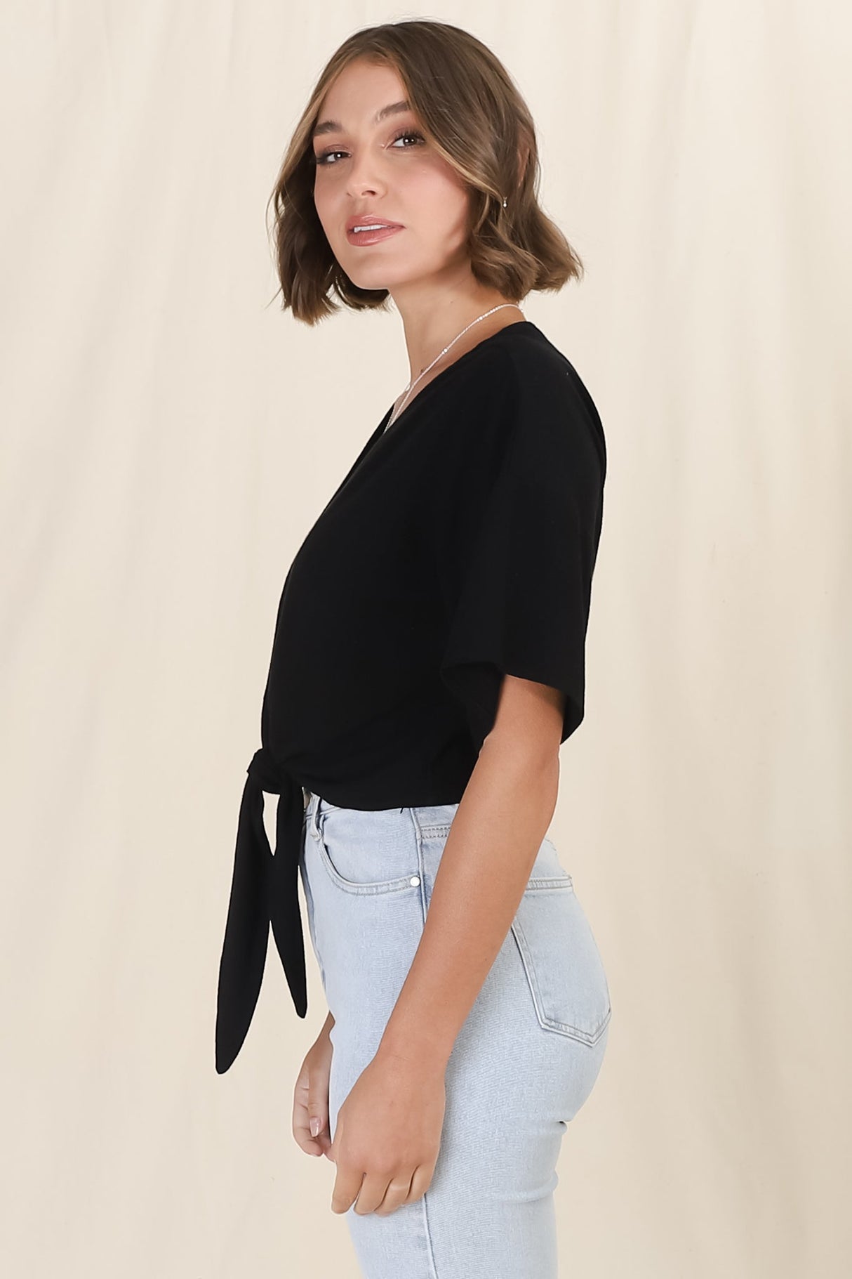 Lanara Top - Button Front Tie Up Top In Black