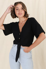 Lanara Top - Button Front Tie Up Top In Black