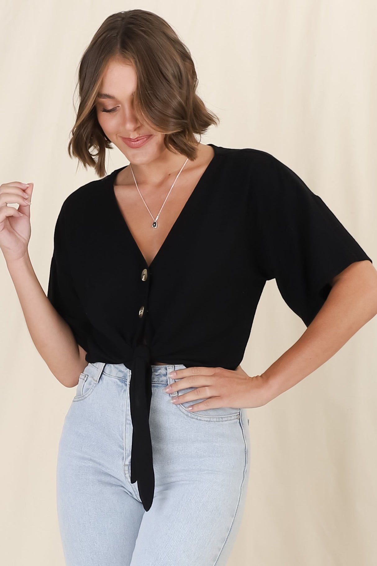 Lanara Top - Button Front Tie Up Top In Black