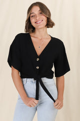 Lanara Top - Button Front Tie Up Top In Black