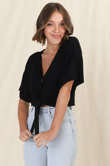 Lanara Top - Button Front Tie Up Top In Black