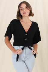 Lanara Top - Button Front Tie Up Top In Black