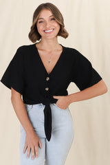 Lanara Top - Button Front Tie Up Top In Black