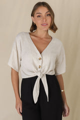 Lanara Top - Button Front Tie Up Top in Oat