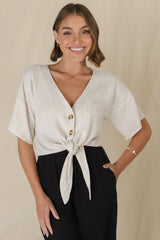 Lanara Top - Button Front Tie Up Top in Oat