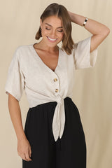 Lanara Top - Button Front Tie Up Top in Oat