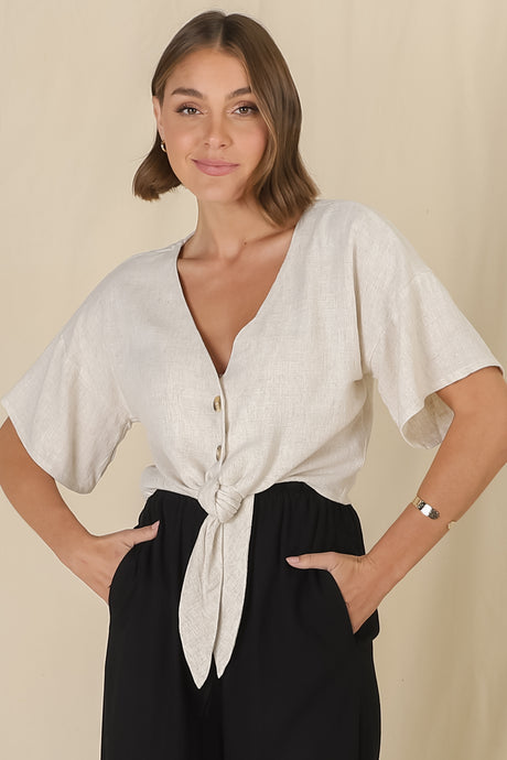 Lanara Top - Button Front Tie Up Top in Oat