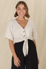 Lanara Top - Button Front Tie Up Top in Oat