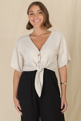 Lanara Top - Button Front Tie Up Top in Oat