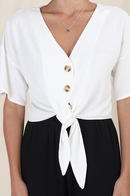 Lanara Top - Button Front Tie Up Top in White