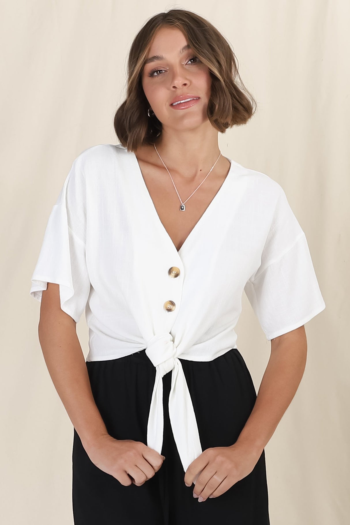 Lanara Top - Button Front Tie Up Top in White