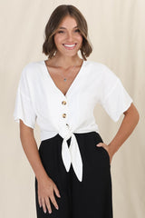 Lanara Top - Button Front Tie Up Top in White