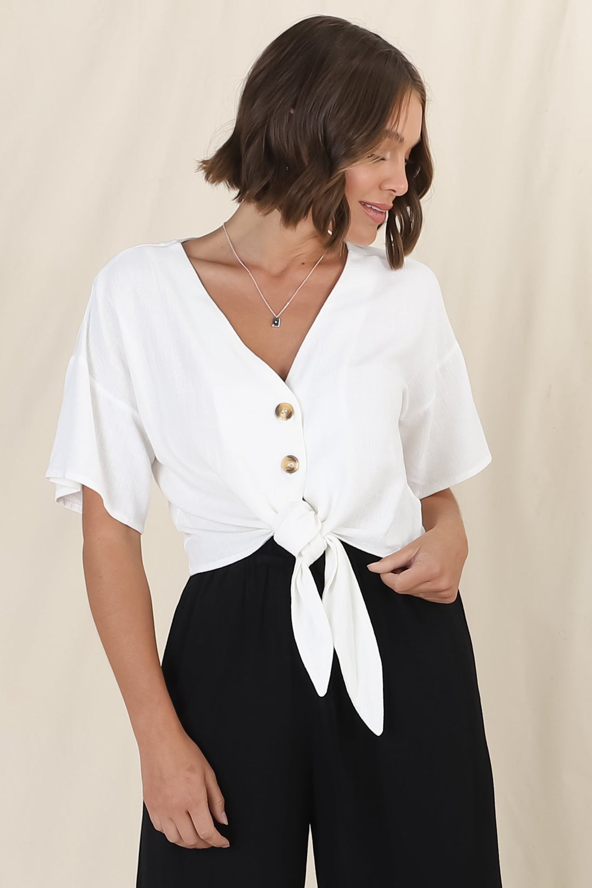 Lanara Top - Button Front Tie Up Top in White