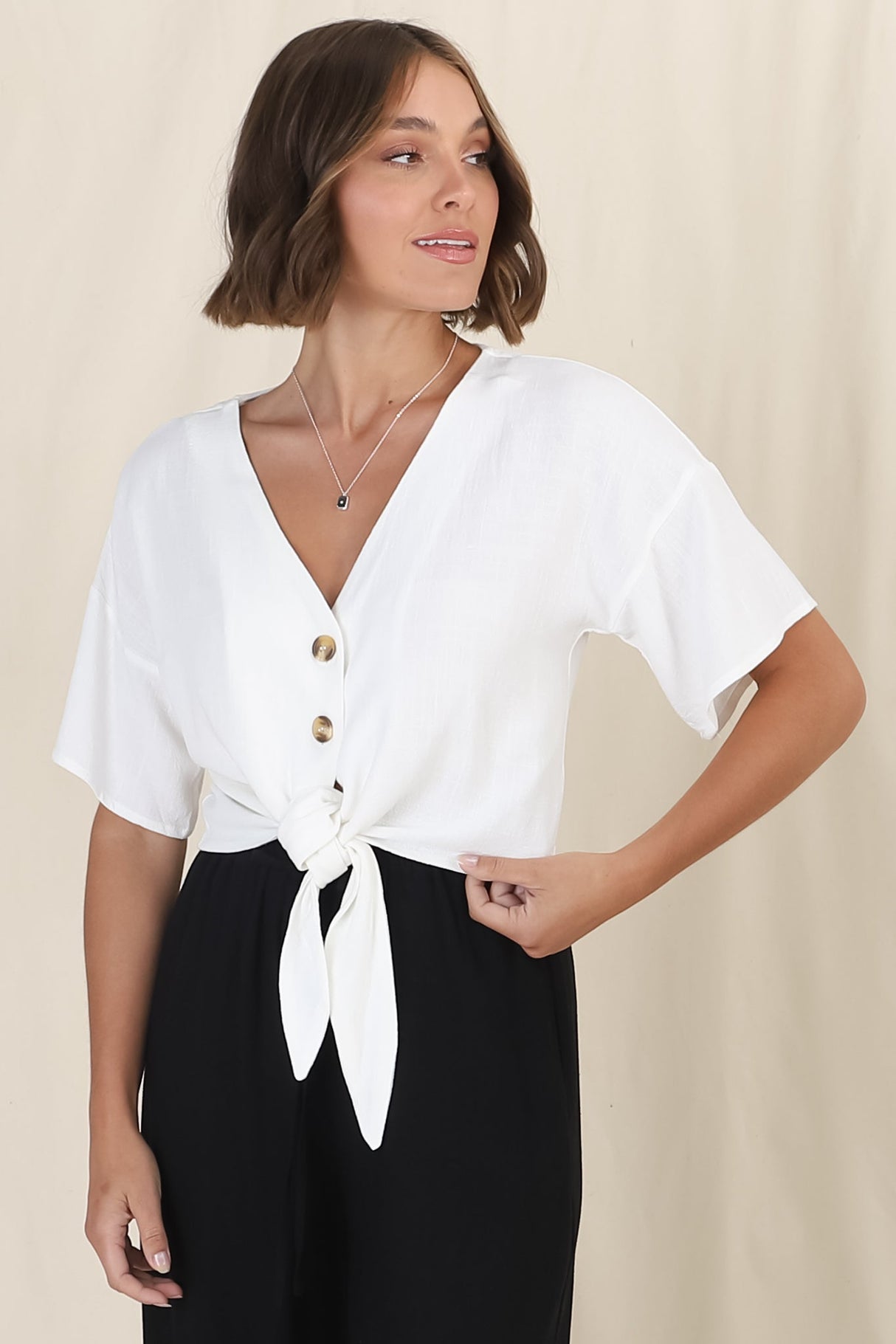 Lanara Top - Button Front Tie Up Top in White