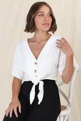 Lanara Top - Button Front Tie Up Top in White