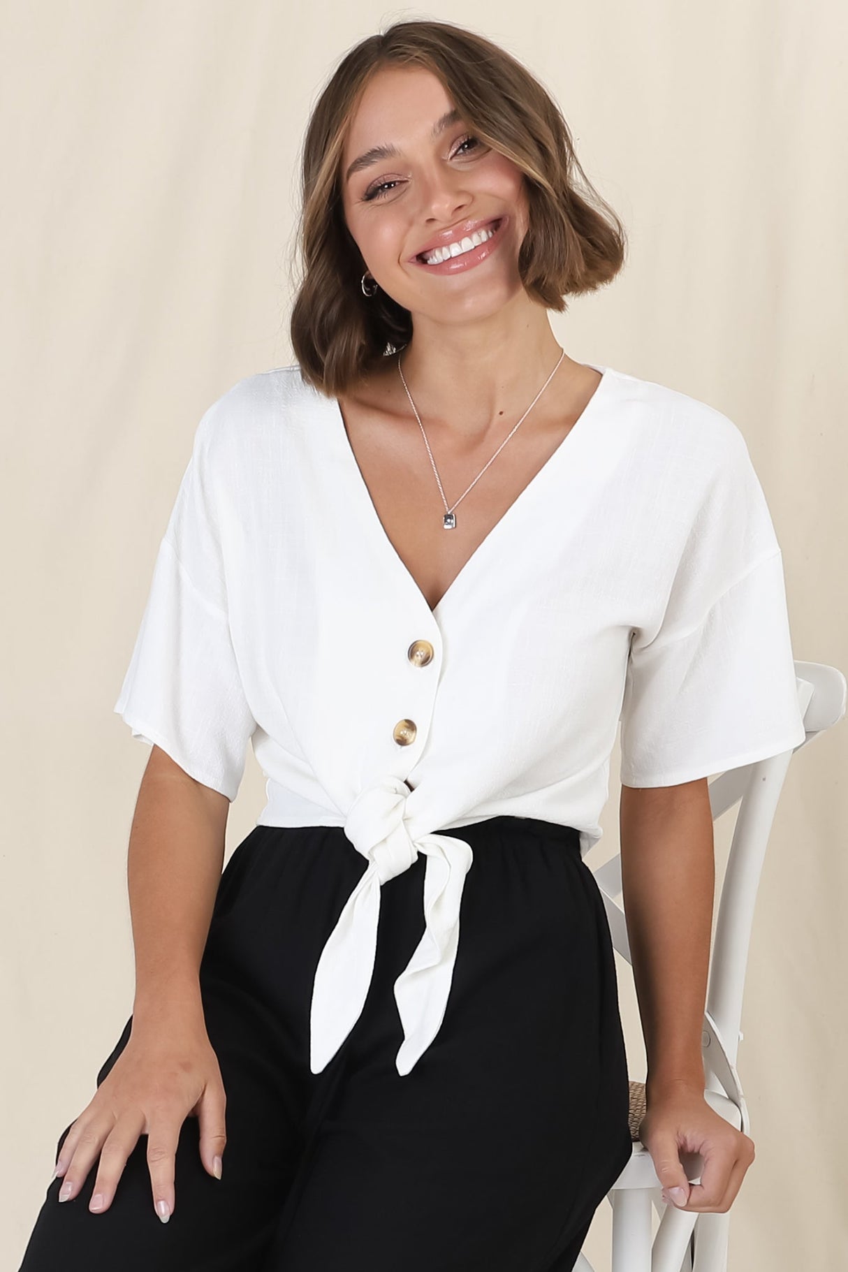 Lanara Top - Button Front Tie Up Top in White