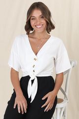 Lanara Top - Button Front Tie Up Top in White